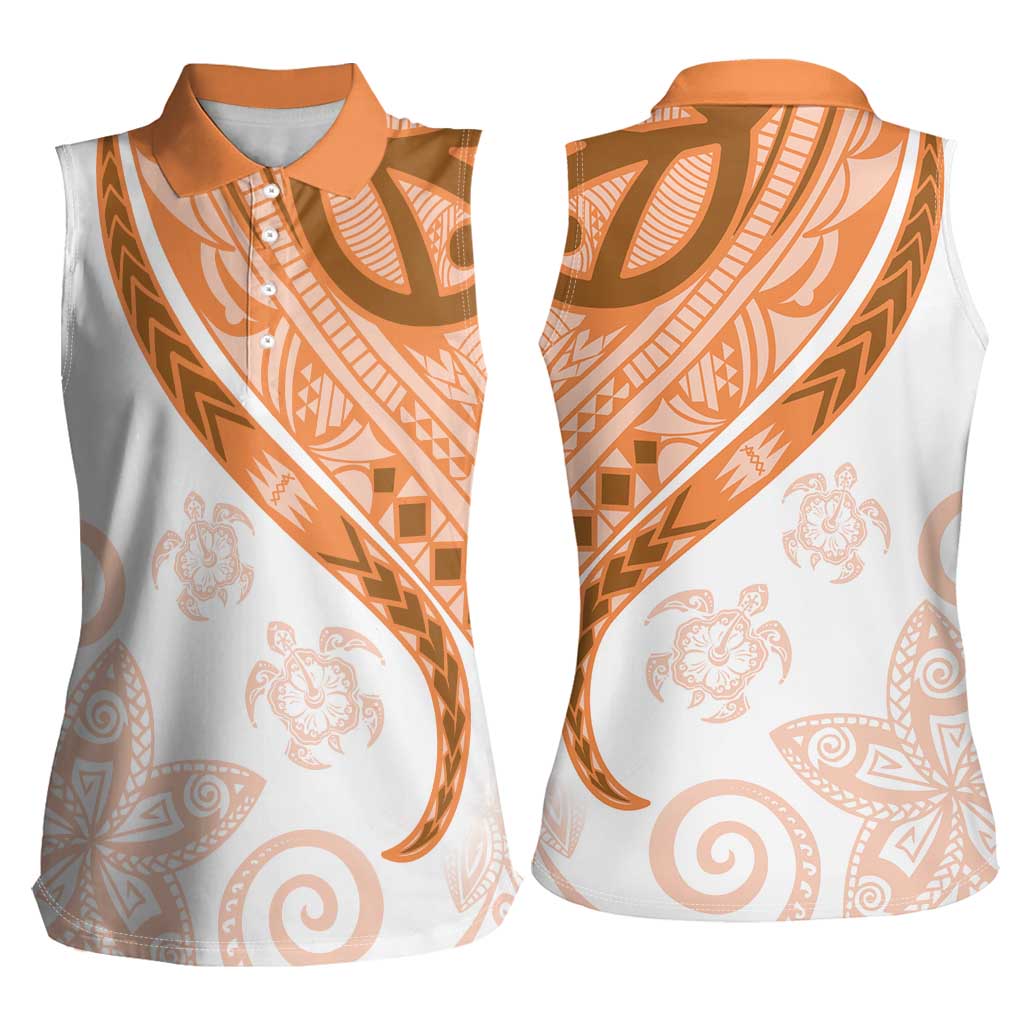 Orange Polynesian Tribal Turtle Floral Pattern Women Sleeveless Polo Shirt