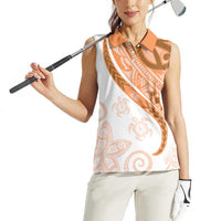 Orange Polynesian Tribal Turtle Floral Pattern Women Sleeveless Polo Shirt