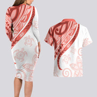 Coral Red Polynesian Tribal Turtle Floral Pattern Couples Matching Long Sleeve Bodycon Dress and Hawaiian Shirt