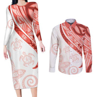 Coral Red Polynesian Tribal Turtle Floral Pattern Couples Matching Long Sleeve Bodycon Dress and Long Sleeve Button Shirt