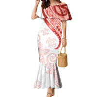 Coral Red Polynesian Tribal Turtle Floral Pattern Family Matching Mermaid Dress and Hawaiian Shirt