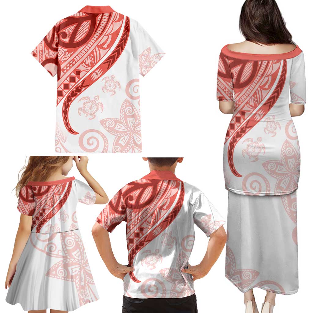 Coral Red Polynesian Tribal Turtle Floral Pattern Family Matching Puletasi and Hawaiian Shirt