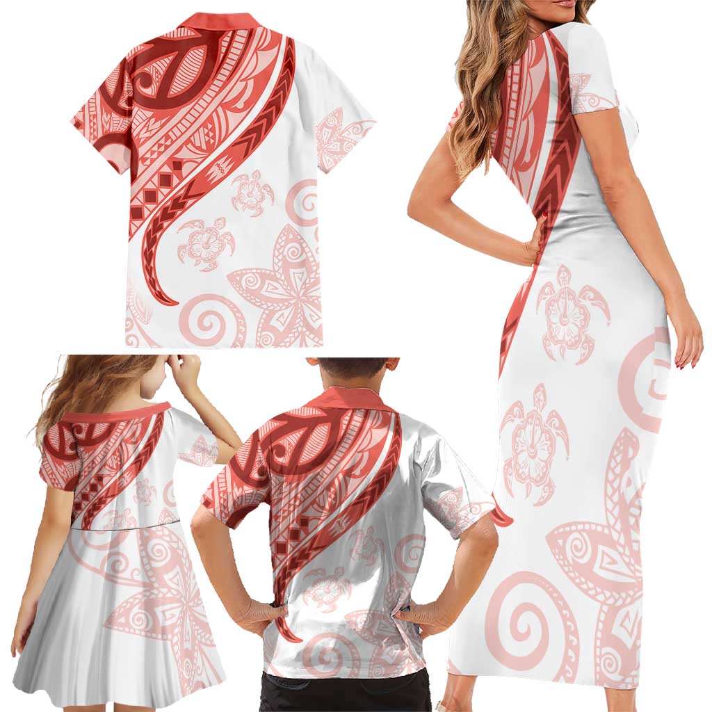 Coral Red Polynesian Tribal Turtle Floral Pattern Family Matching Short Sleeve Bodycon Dress and Hawaiian Shirt