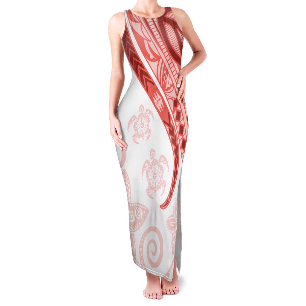Coral Red Polynesian Tribal Turtle Floral Pattern Family Matching Tank Maxi Dress and Hawaiian Shirt