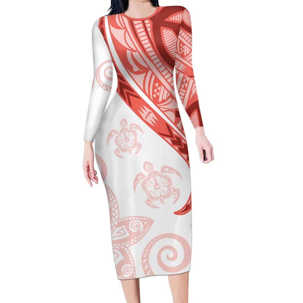 Coral Red Polynesian Tribal Turtle Floral Pattern Long Sleeve Bodycon Dress LT05 Long Dress Red - Polynesian Pride