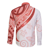 Coral Red Polynesian Tribal Turtle Floral Pattern Long Sleeve Button Shirt