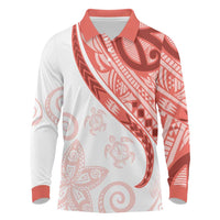 Coral Red Polynesian Tribal Turtle Floral Pattern Long Sleeve Polo Shirt