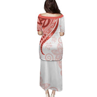 Coral Red Polynesian Tribal Turtle Floral Pattern Puletasi