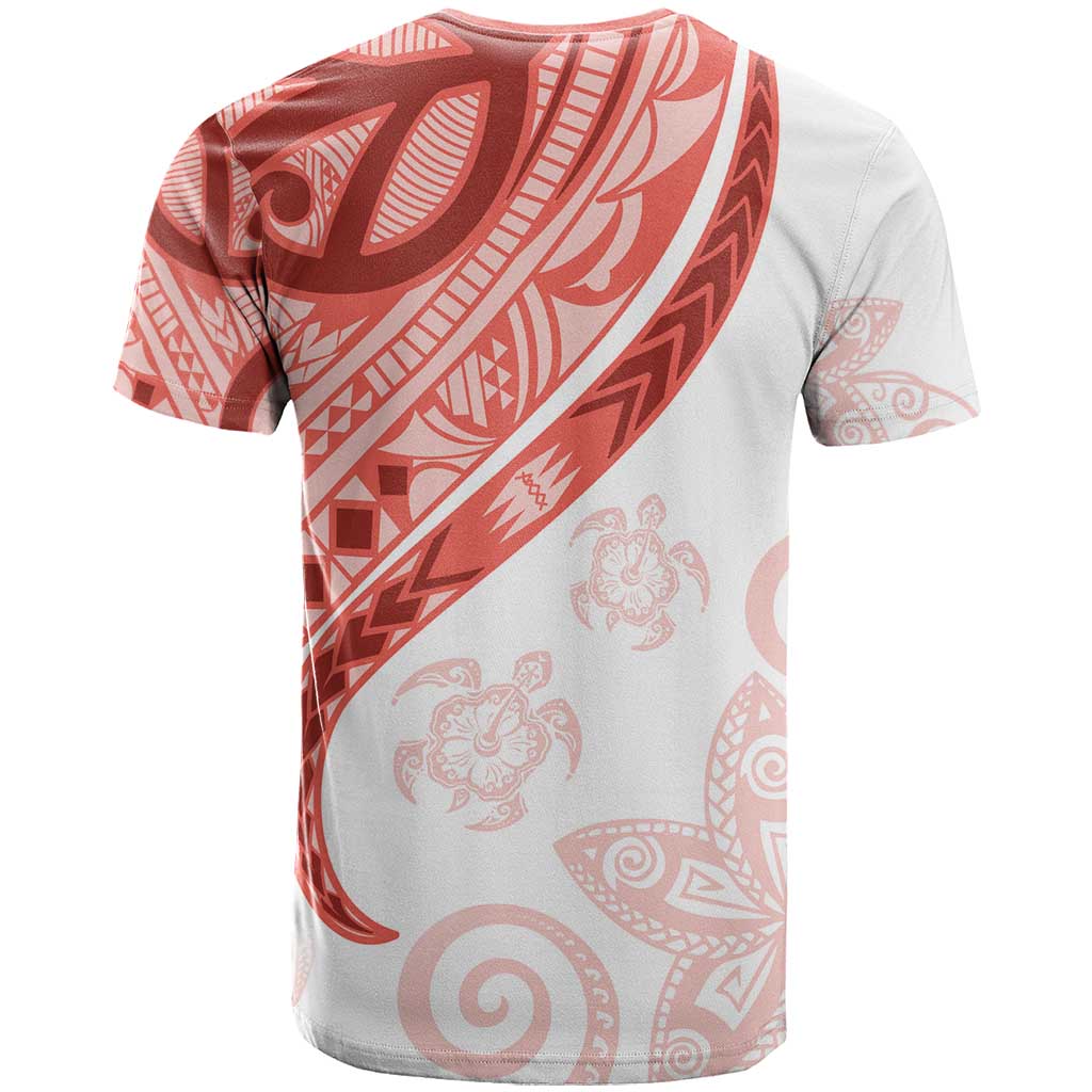 Coral Red Polynesian Tribal Turtle Floral Pattern T Shirt