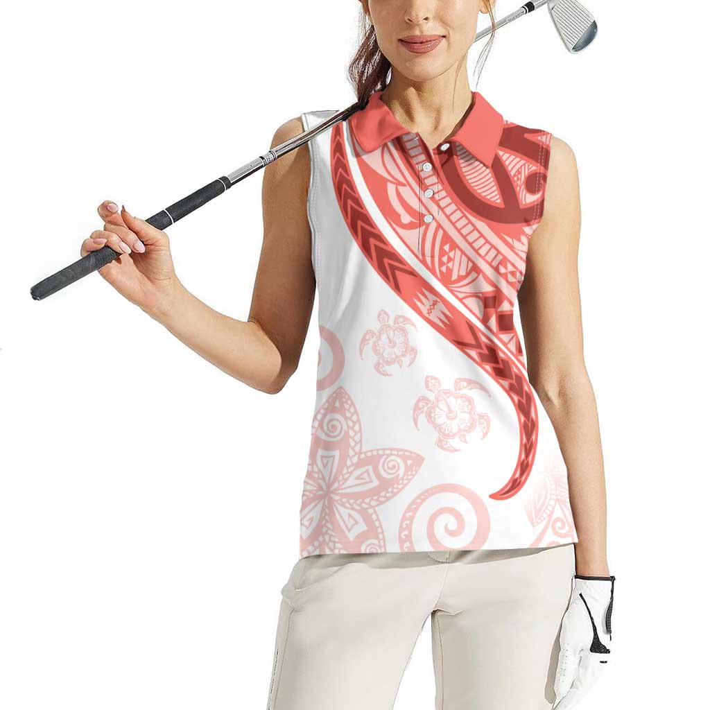 Coral Red Polynesian Tribal Turtle Floral Pattern Women Sleeveless Polo Shirt