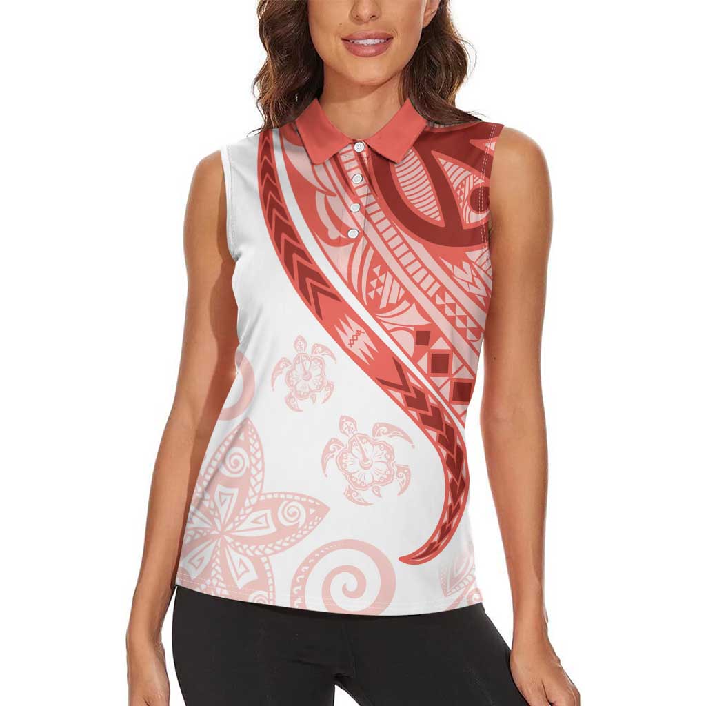 Coral Red Polynesian Tribal Turtle Floral Pattern Women Sleeveless Polo Shirt
