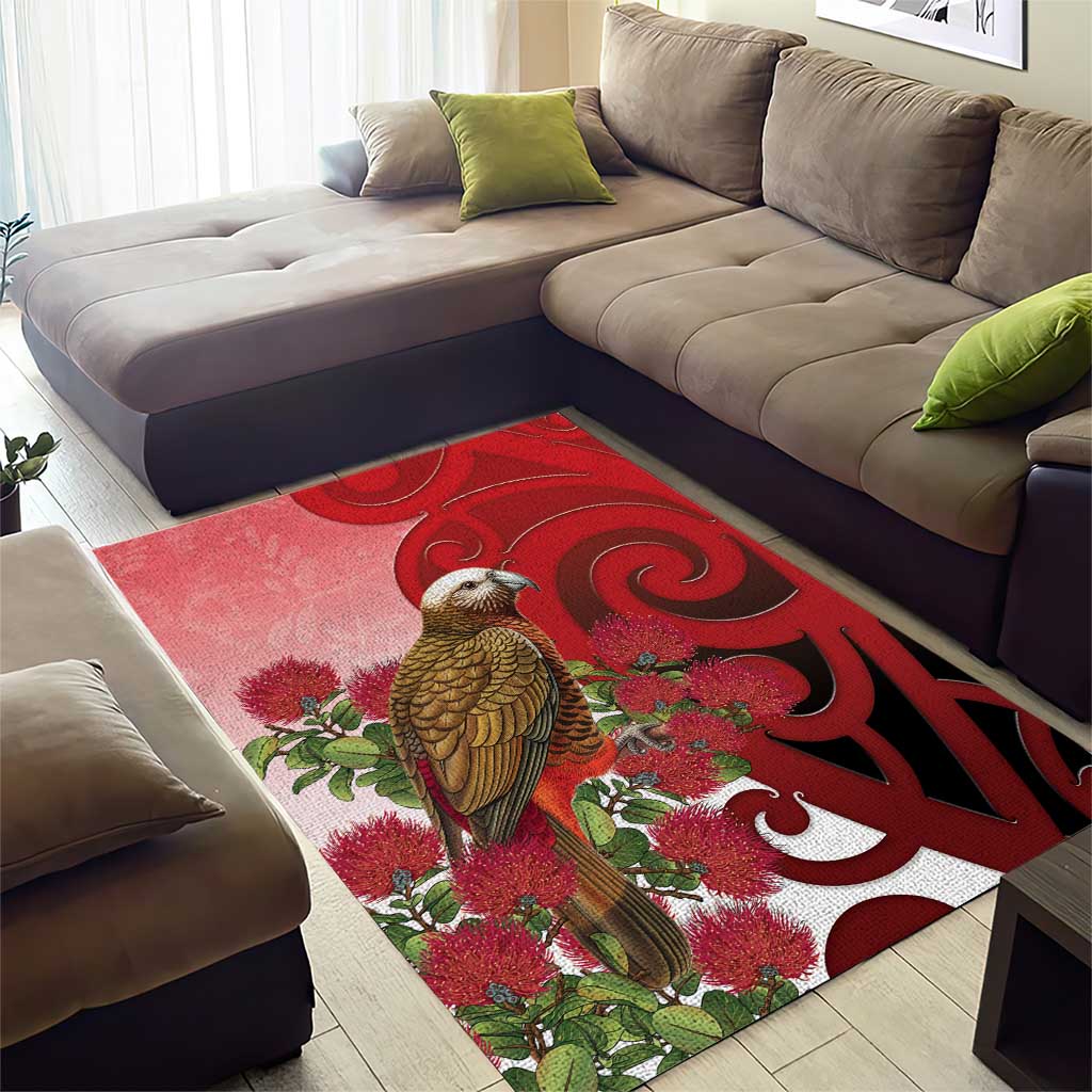 New Zealand Parrot Kaka Area Rug Maori Koru With Pohutukawa Flowers - Polynesian Pride
