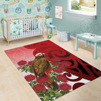 New Zealand Parrot Kaka Area Rug Maori Koru With Pohutukawa Flowers - Polynesian Pride