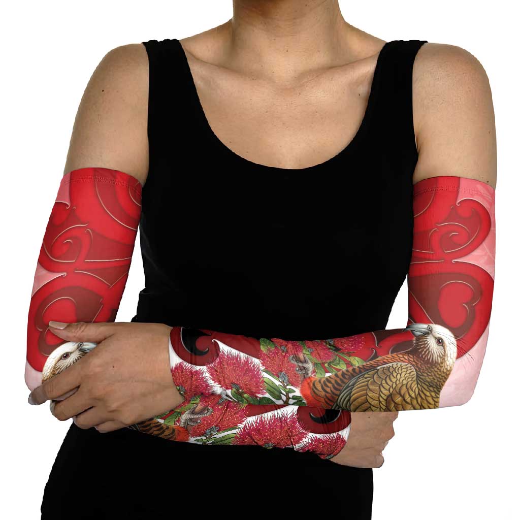 New Zealand Parrot Kaka Arm Sleeves Maori Koru With Pohutukawa Flowers - Polynesian Pride