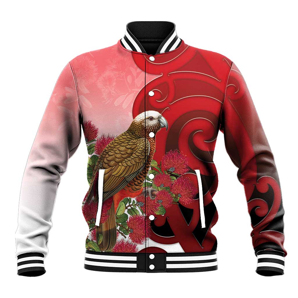 New Zealand Parrot Kaka Baseball Jacket Maori Koru With Pohutukawa Flowers LT05 Unisex Red - Polynesian Pride