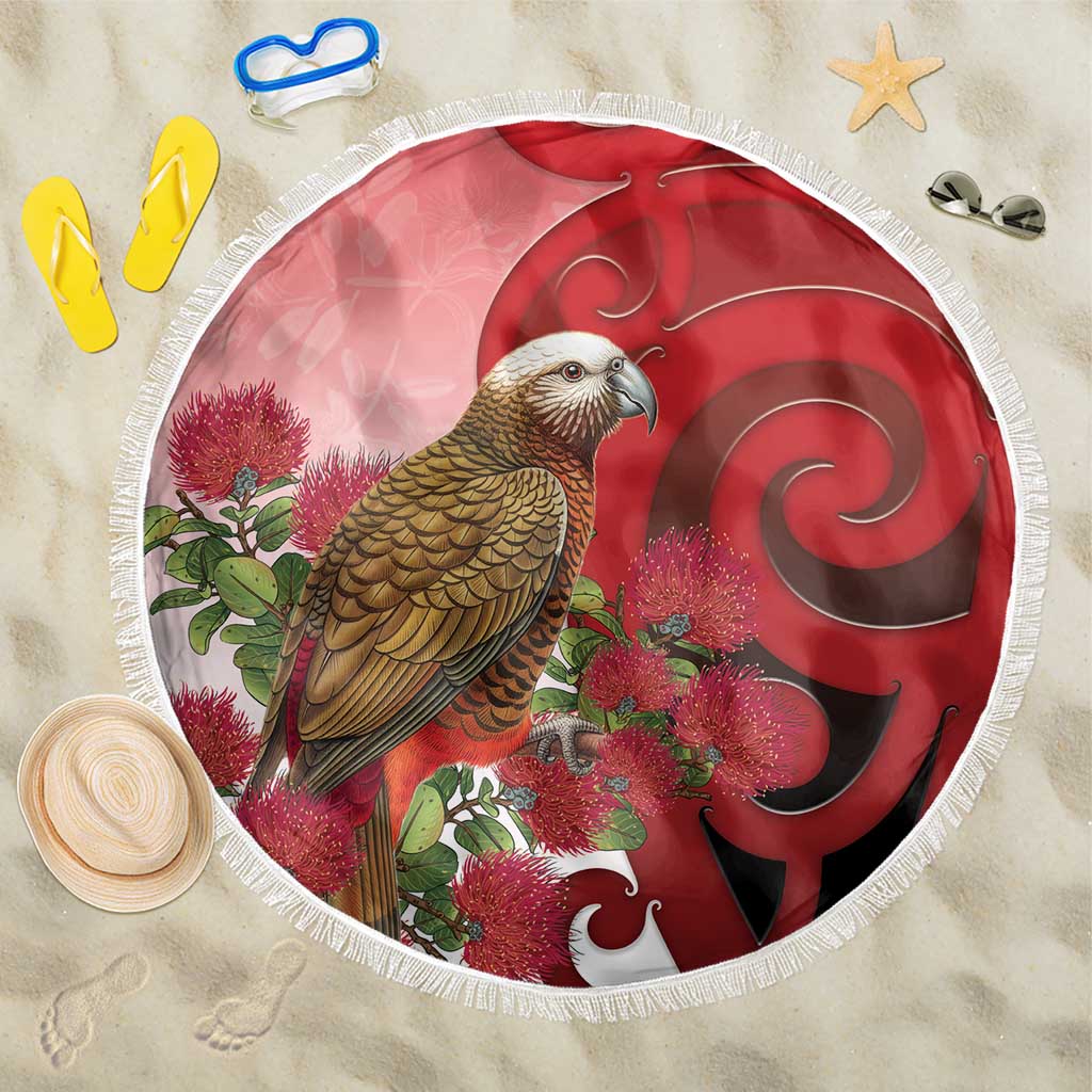 New Zealand Parrot Kaka Beach Blanket Maori Koru With Pohutukawa Flowers - Polynesian Pride