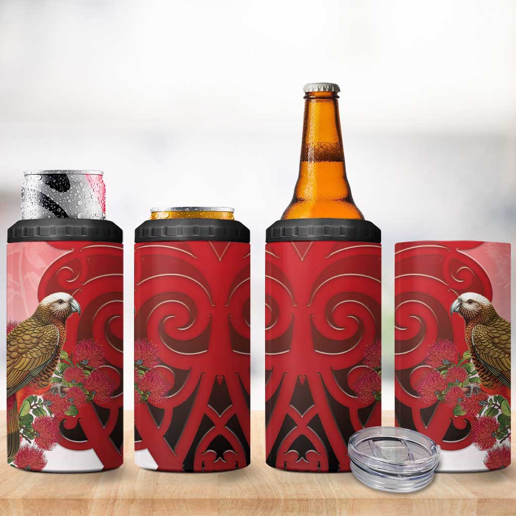 New Zealand Parrot Kaka 4 in 1 Can Cooler Tumbler Maori Koru With Pohutukawa Flowers - Polynesian Pride