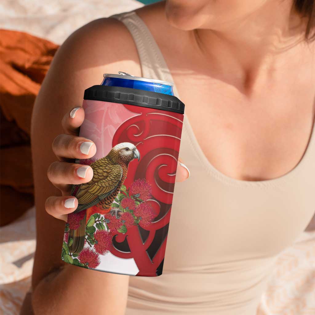 New Zealand Parrot Kaka 4 in 1 Can Cooler Tumbler Maori Koru With Pohutukawa Flowers - Polynesian Pride