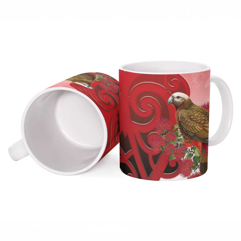 New Zealand Parrot Kaka Ceramic Mug Maori Koru With Pohutukawa Flowers - Polynesian Pride