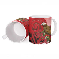 New Zealand Parrot Kaka Ceramic Mug Maori Koru With Pohutukawa Flowers - Polynesian Pride