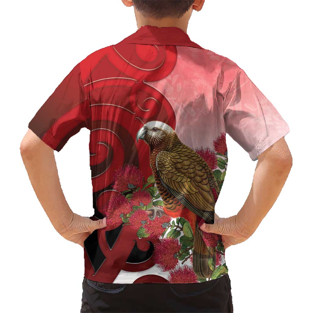 New Zealand Parrot Kaka Family Matching Long Sleeve Bodycon Dress and Hawaiian Shirt Maori Koru With Pohutukawa Flowers LT05 - Polynesian Pride