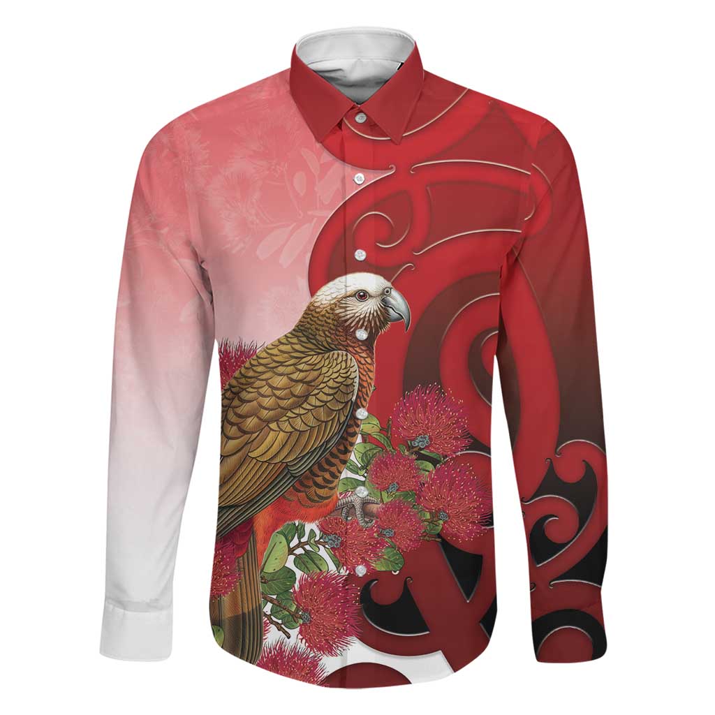 New Zealand Parrot Kaka Family Matching Long Sleeve Bodycon Dress and Hawaiian Shirt Maori Koru With Pohutukawa Flowers LT05 Dad's Shirt - Long Sleeve Red - Polynesian Pride