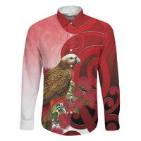 New Zealand Parrot Kaka Family Matching Long Sleeve Bodycon Dress and Hawaiian Shirt Maori Koru With Pohutukawa Flowers LT05 Dad's Shirt - Long Sleeve Red - Polynesian Pride