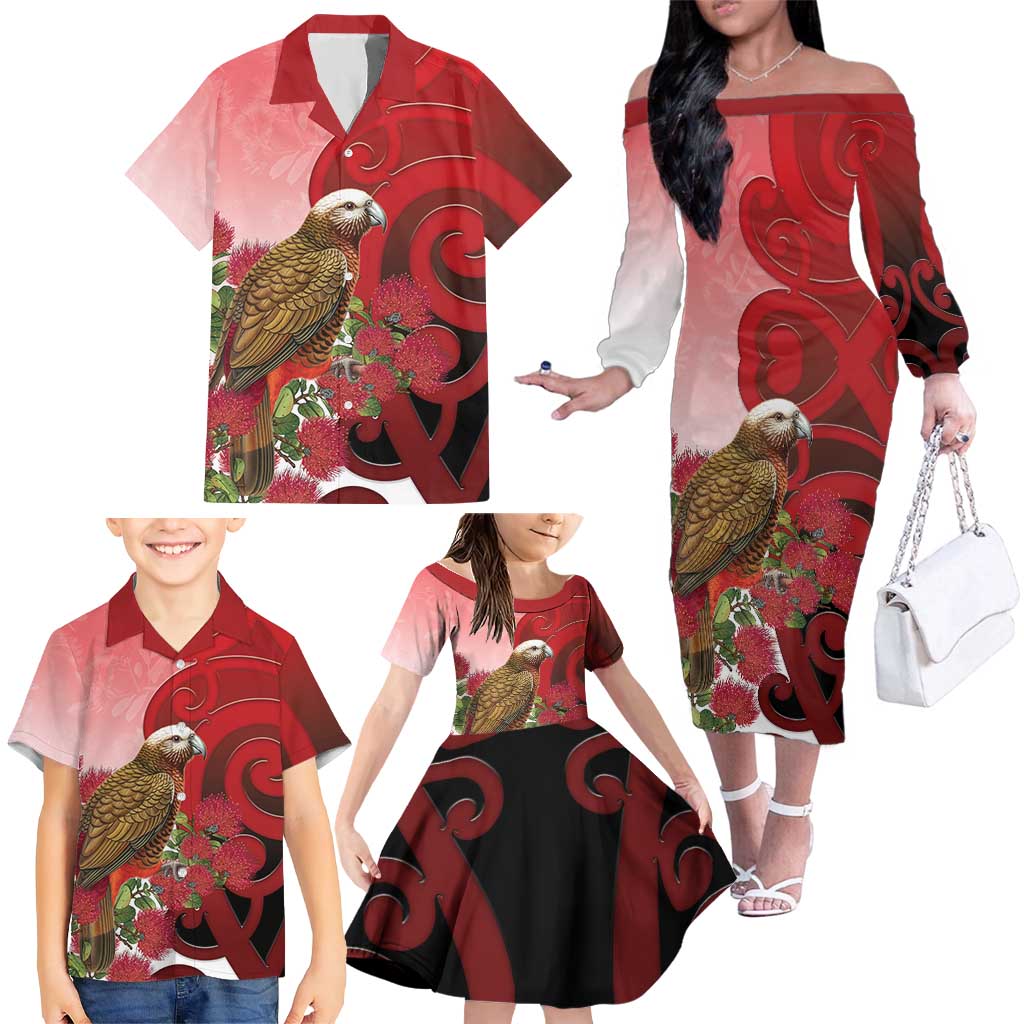 New Zealand Parrot Kaka Family Matching Off The Shoulder Long Sleeve Dress and Hawaiian Shirt Maori Koru With Pohutukawa Flowers LT05 - Polynesian Pride
