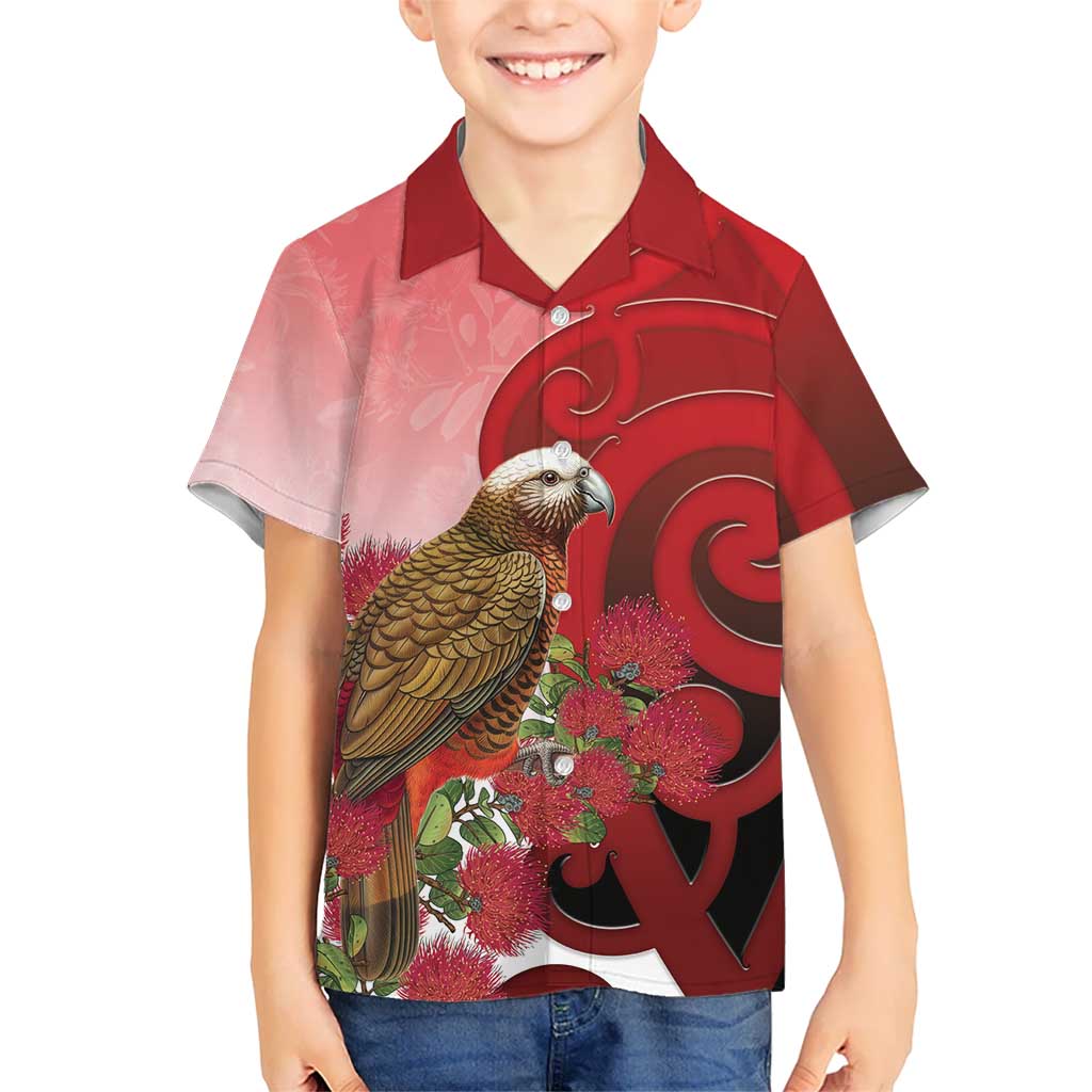 New Zealand Parrot Kaka Family Matching Off The Shoulder Long Sleeve Dress and Hawaiian Shirt Maori Koru With Pohutukawa Flowers LT05 Son's Shirt Red - Polynesian Pride