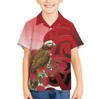 New Zealand Parrot Kaka Family Matching Off Shoulder Maxi Dress and Hawaiian Shirt Maori Koru With Pohutukawa Flowers LT05 Son's Shirt Red - Polynesian Pride