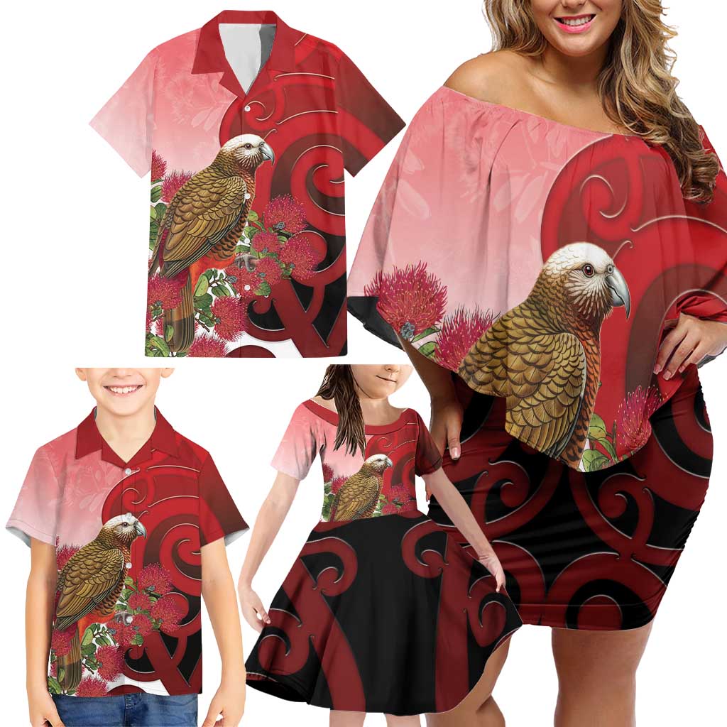 New Zealand Parrot Kaka Family Matching Off Shoulder Short Dress and Hawaiian Shirt Maori Koru With Pohutukawa Flowers LT05 - Polynesian Pride