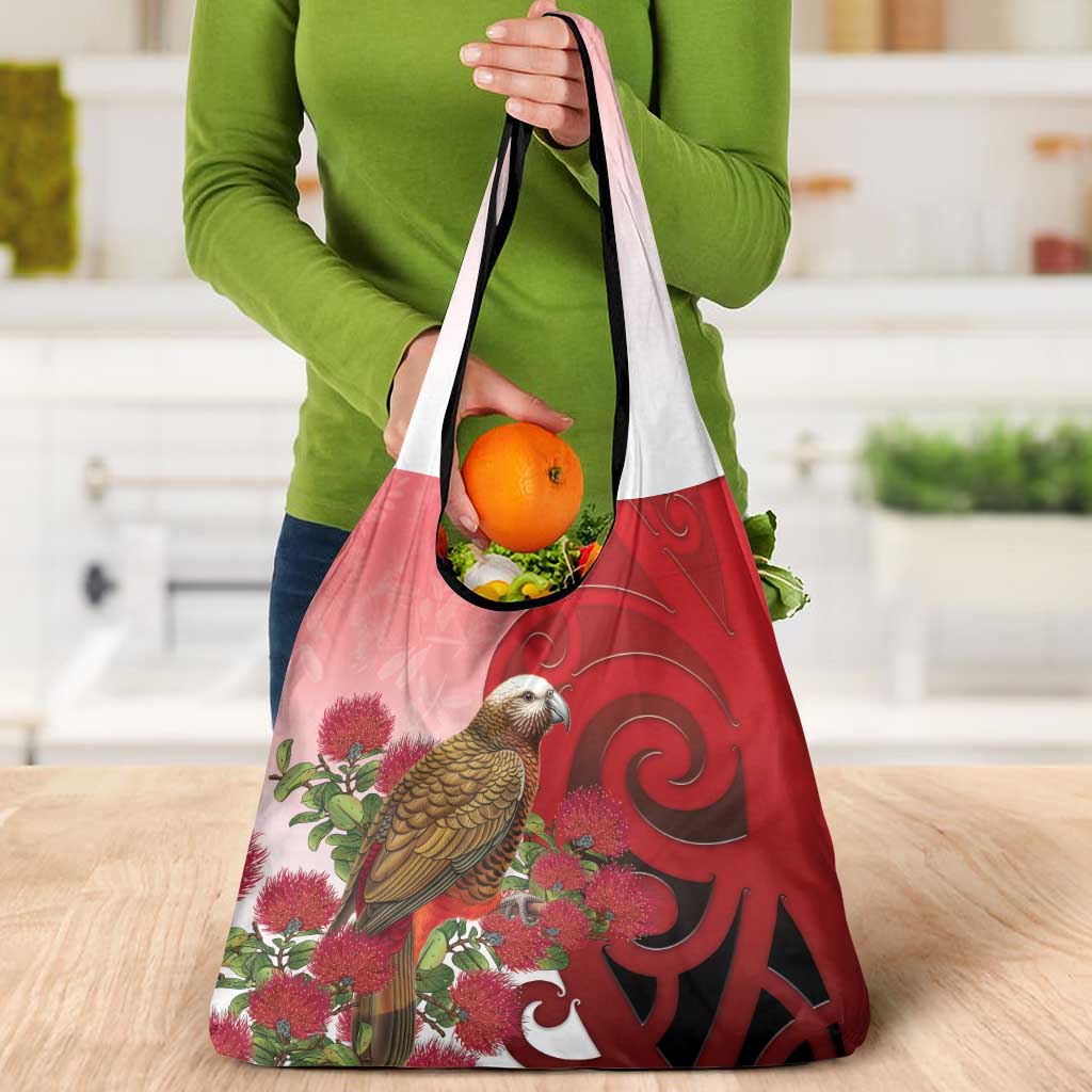 New Zealand Parrot Kaka Grocery Bag Maori Koru With Pohutukawa Flowers - Polynesian Pride