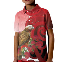 New Zealand Parrot Kaka Kid Polo Shirt Maori Koru With Pohutukawa Flowers - Polynesian Pride