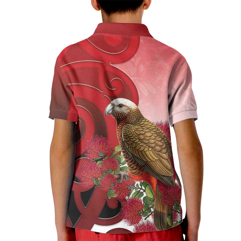 New Zealand Parrot Kaka Kid Polo Shirt Maori Koru With Pohutukawa Flowers - Polynesian Pride