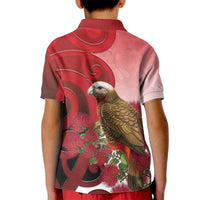 New Zealand Parrot Kaka Kid Polo Shirt Maori Koru With Pohutukawa Flowers - Polynesian Pride