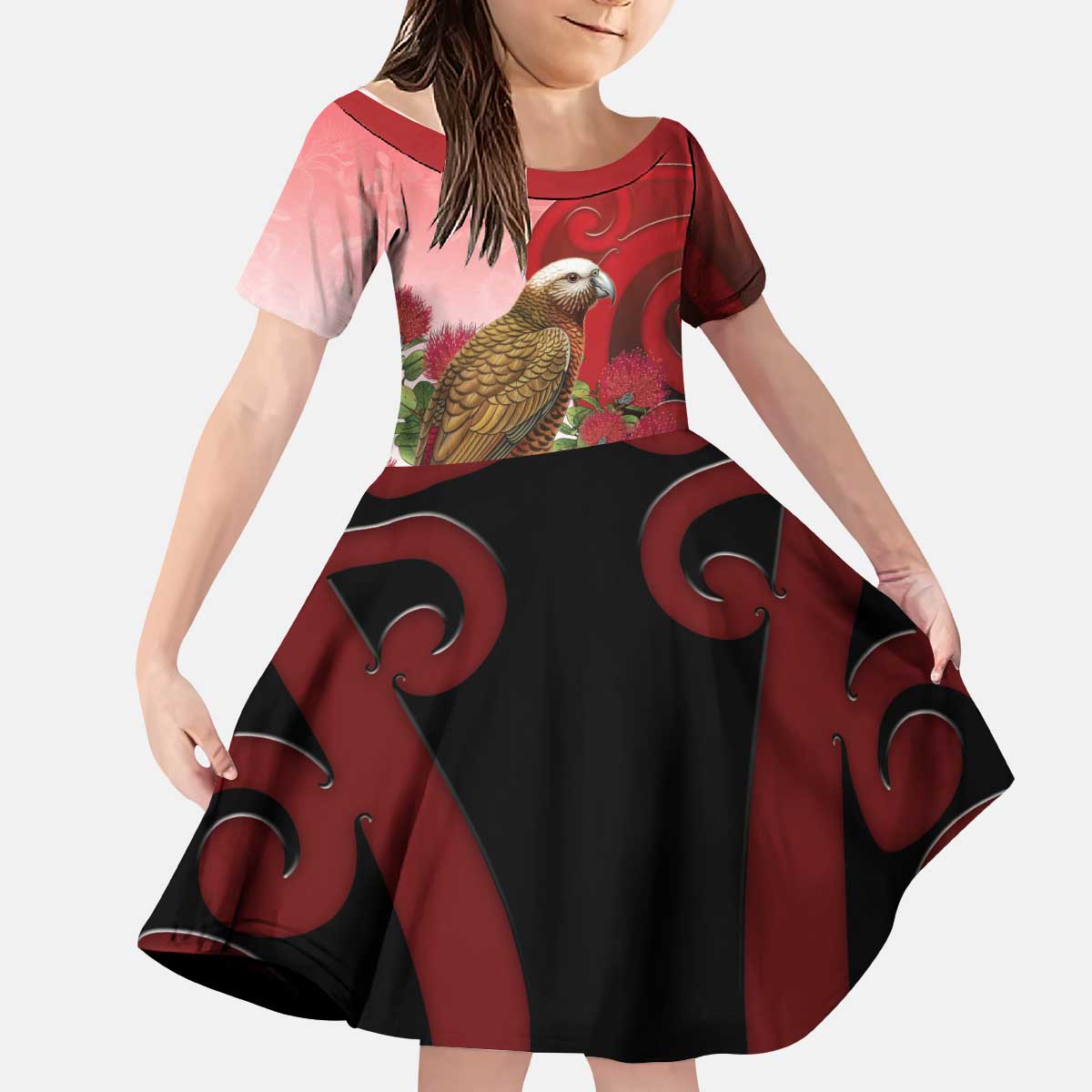 New Zealand Parrot Kaka Kid Short Sleeve Dress Maori Koru With Pohutukawa Flowers LT05 KID Red - Polynesian Pride