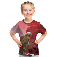 New Zealand Parrot Kaka Kid T Shirt Maori Koru With Pohutukawa Flowers - Polynesian Pride