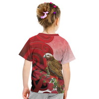 New Zealand Parrot Kaka Kid T Shirt Maori Koru With Pohutukawa Flowers - Polynesian Pride