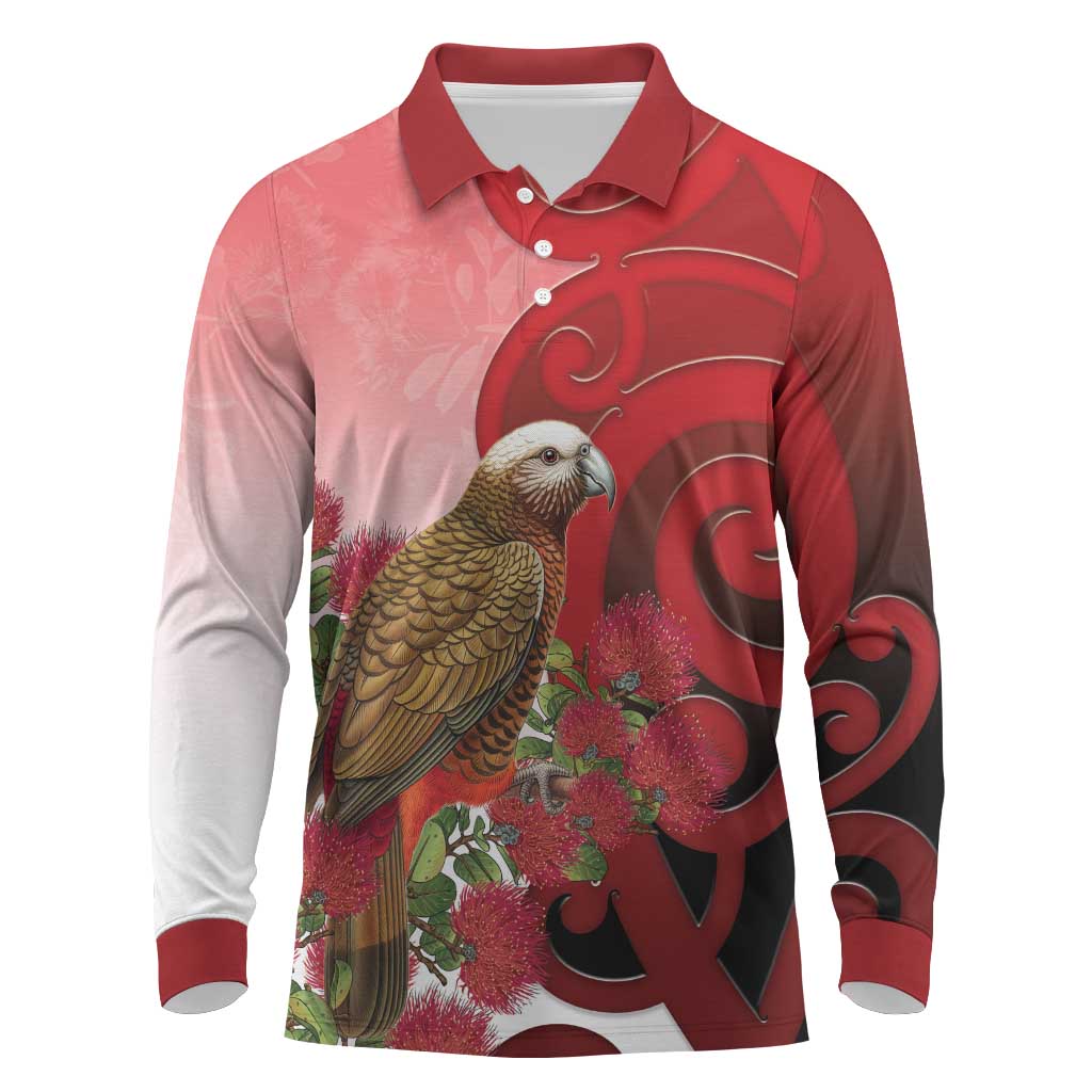 New Zealand Parrot Kaka Long Sleeve Polo Shirt Maori Koru With Pohutukawa Flowers - Polynesian Pride