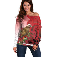 New Zealand Parrot Kaka Off Shoulder Sweater Maori Koru With Pohutukawa Flowers - Polynesian Pride