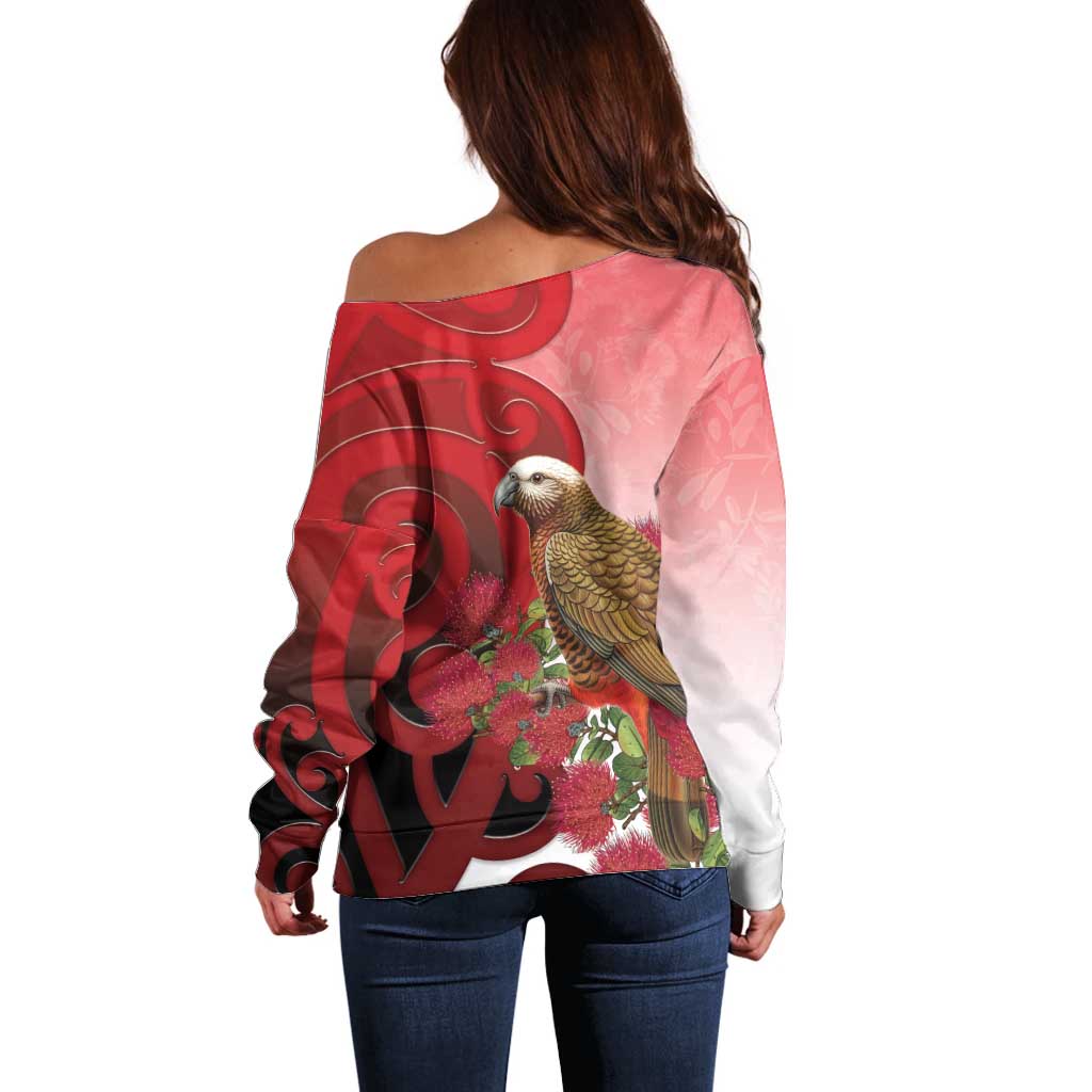 New Zealand Parrot Kaka Off Shoulder Sweater Maori Koru With Pohutukawa Flowers - Polynesian Pride