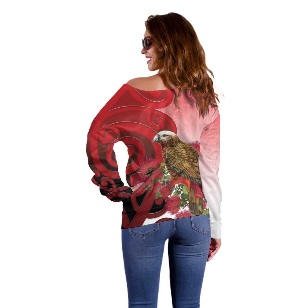 New Zealand Parrot Kaka Off Shoulder Sweater Maori Koru With Pohutukawa Flowers - Polynesian Pride