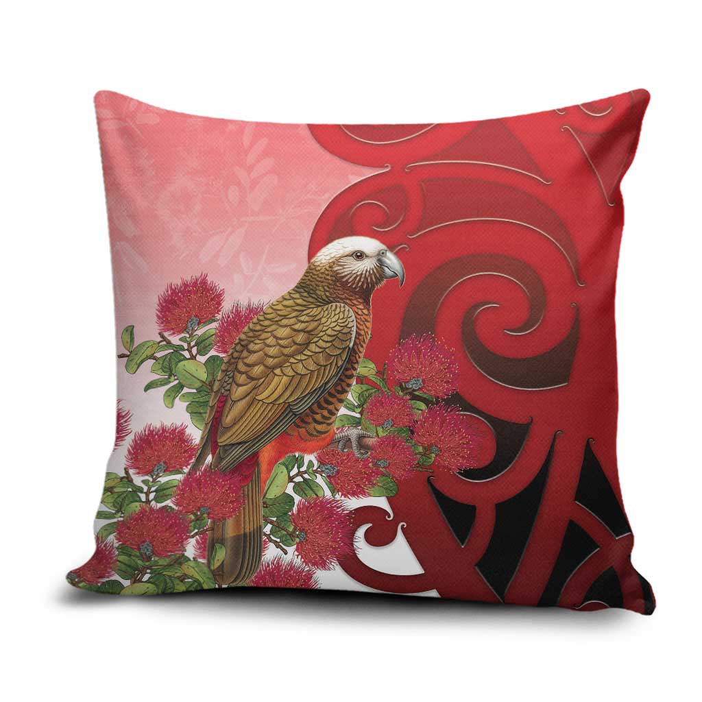 New Zealand Parrot Kaka Pillow Cover Maori Koru With Pohutukawa Flowers - Polynesian Pride