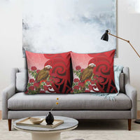 New Zealand Parrot Kaka Pillow Cover Maori Koru With Pohutukawa Flowers - Polynesian Pride