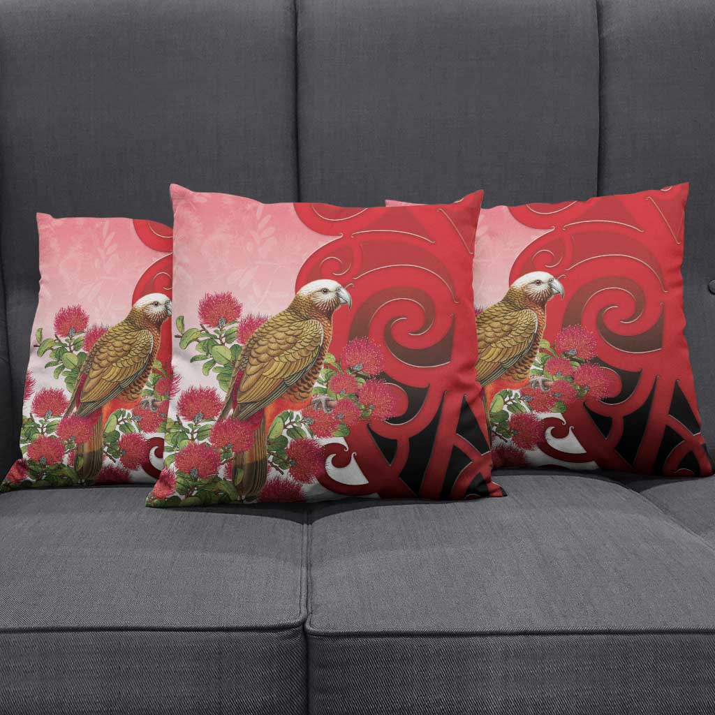 New Zealand Parrot Kaka Pillow Cover Maori Koru With Pohutukawa Flowers - Polynesian Pride
