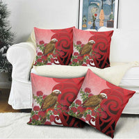 New Zealand Parrot Kaka Pillow Cover Maori Koru With Pohutukawa Flowers - Polynesian Pride