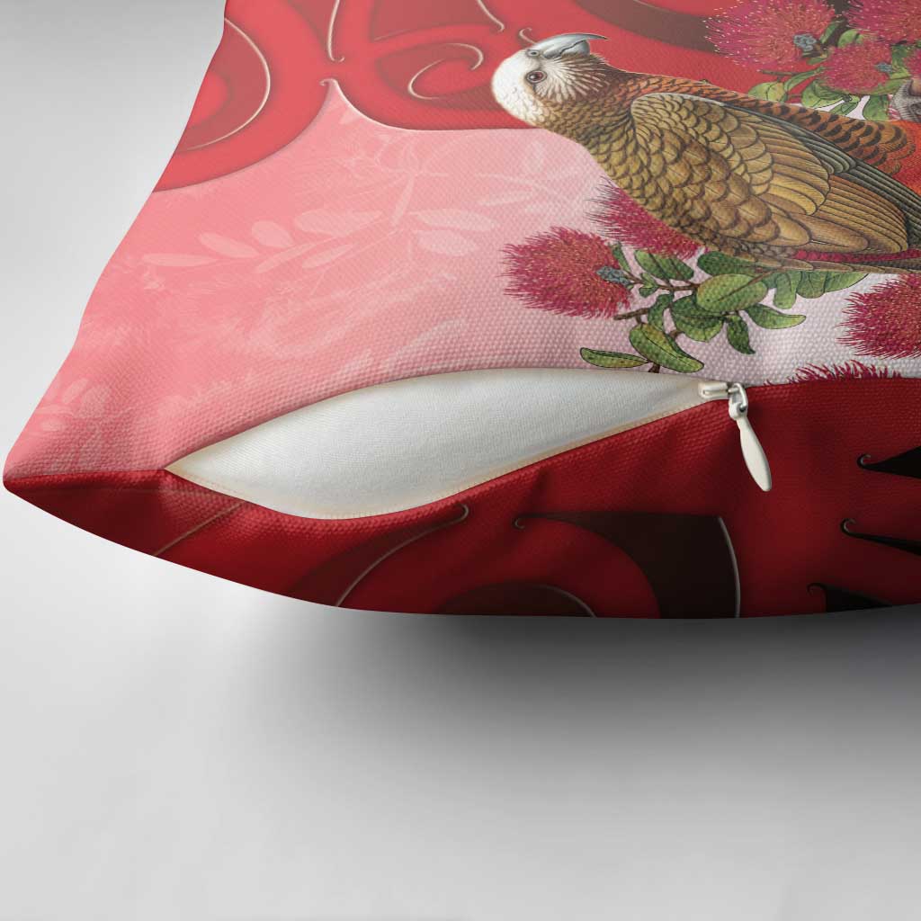 New Zealand Parrot Kaka Pillow Cover Maori Koru With Pohutukawa Flowers - Polynesian Pride