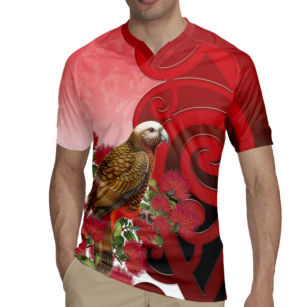 New Zealand Parrot Kaka Rugby Jersey Maori Koru With Pohutukawa Flowers - Polynesian Pride