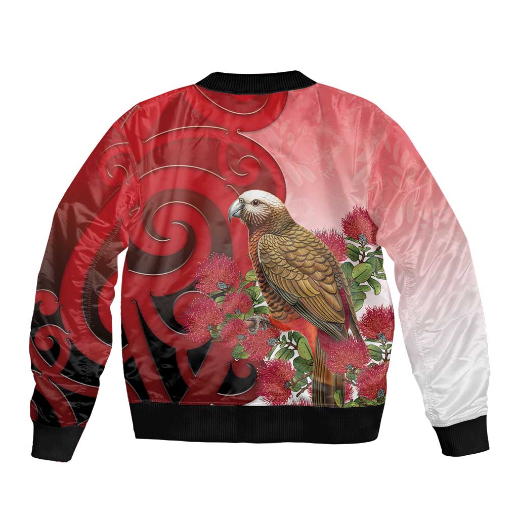 New Zealand Parrot Kaka Sleeve Zip Bomber Jacket Maori Koru With Pohutukawa Flowers LT05 - Polynesian Pride