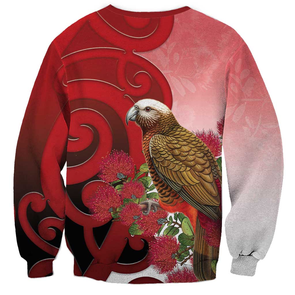New Zealand Parrot Kaka Sweatshirt Maori Koru With Pohutukawa Flowers LT05 - Polynesian Pride